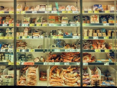 a display case filled with lots of different types of food